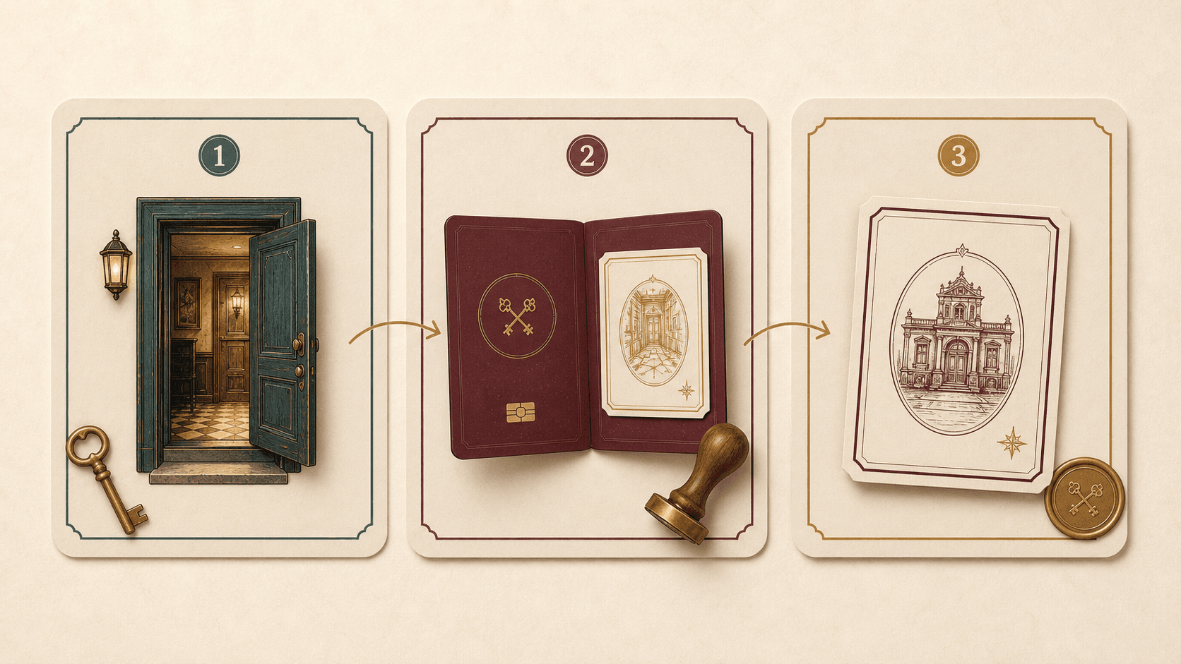 Three-step visual showing a room, a digital passport entry, and a finished collectible stamp