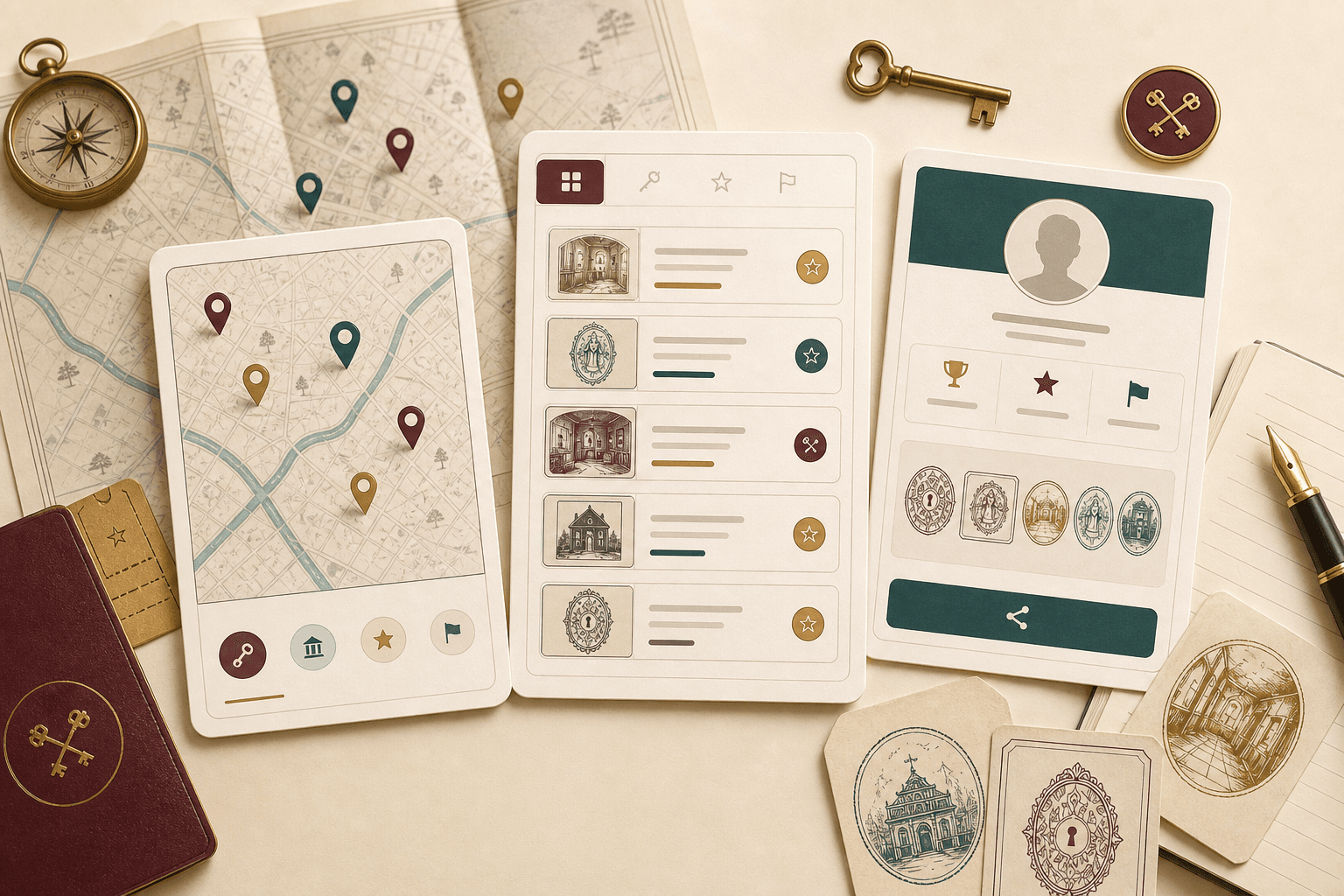 Map and room catalogue cards showing escape room coverage across cities