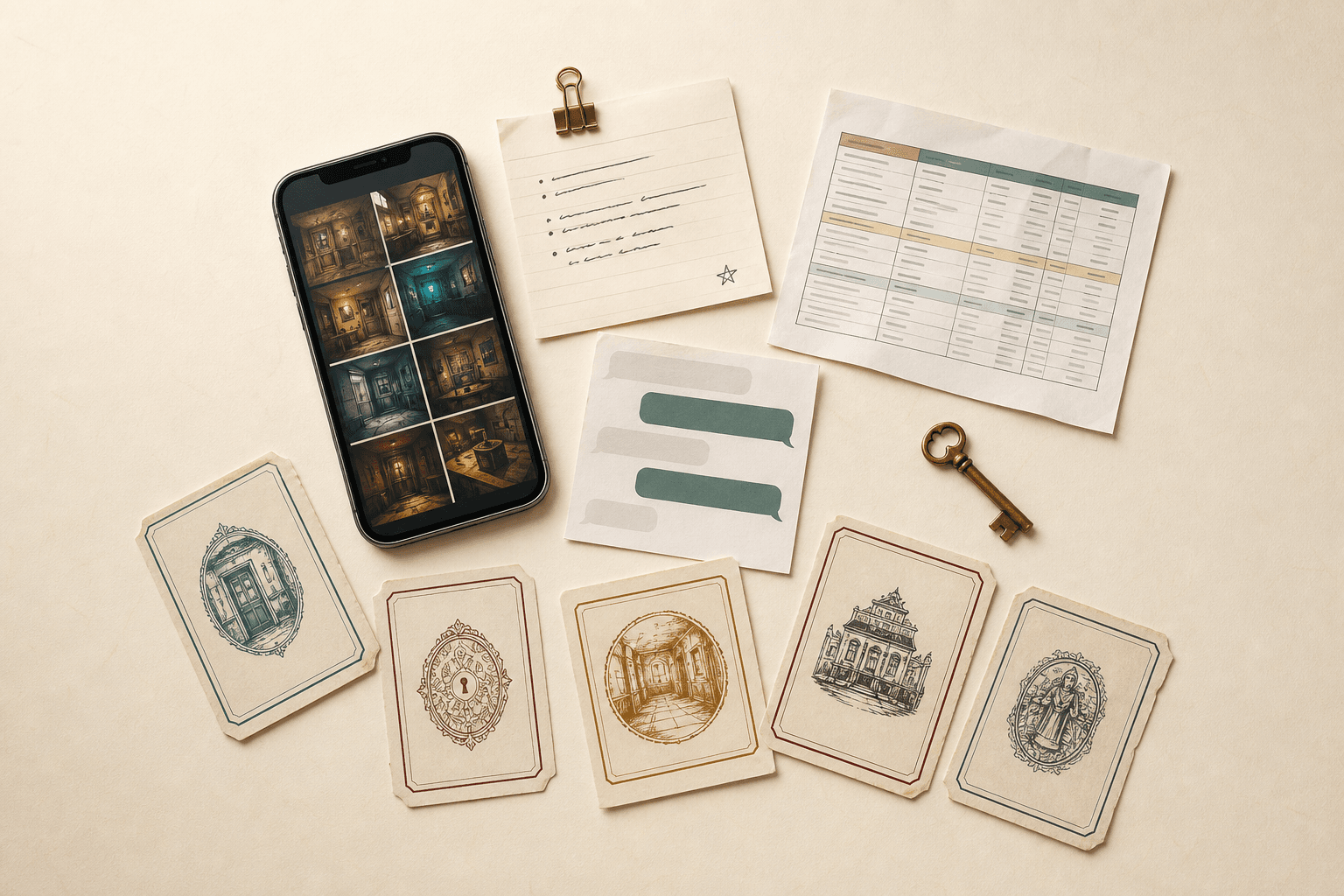 Escape room memories scattered across a phone, notes, chat cards, and collectible room cards